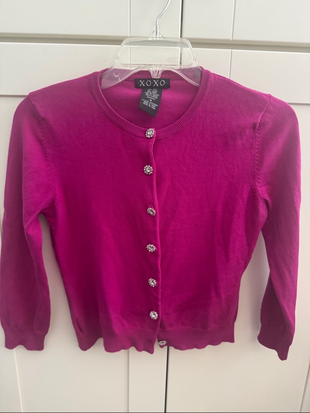 XOXO Bright Fuchsia Knit Cardigan with Crystal Flower Buttons